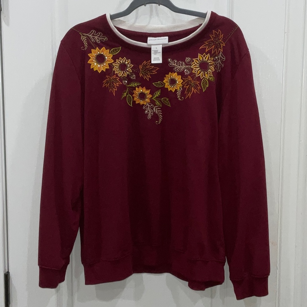Alfred Dunner Burgundy Floral Embroidered Top